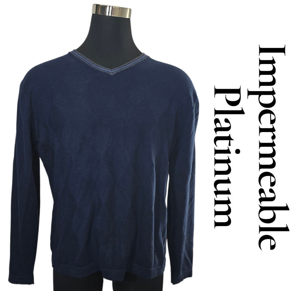 Impermeable Platinum Cotton Cashmere V Neck Argyle Sweater Mens Size L Navy Blue